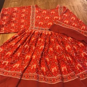 Burgandy/red tan boho kimono sleeve mini dress
